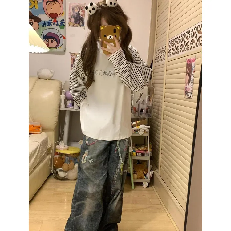 美式潮牌设计感撞色条纹长袖t恤女春秋季宽松休闲学院风减龄上衣