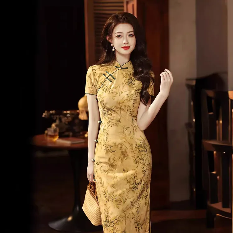 高贵气质长款旗袍2025新款收腰显瘦弹力短袖复古连衣裙送考日常穿
