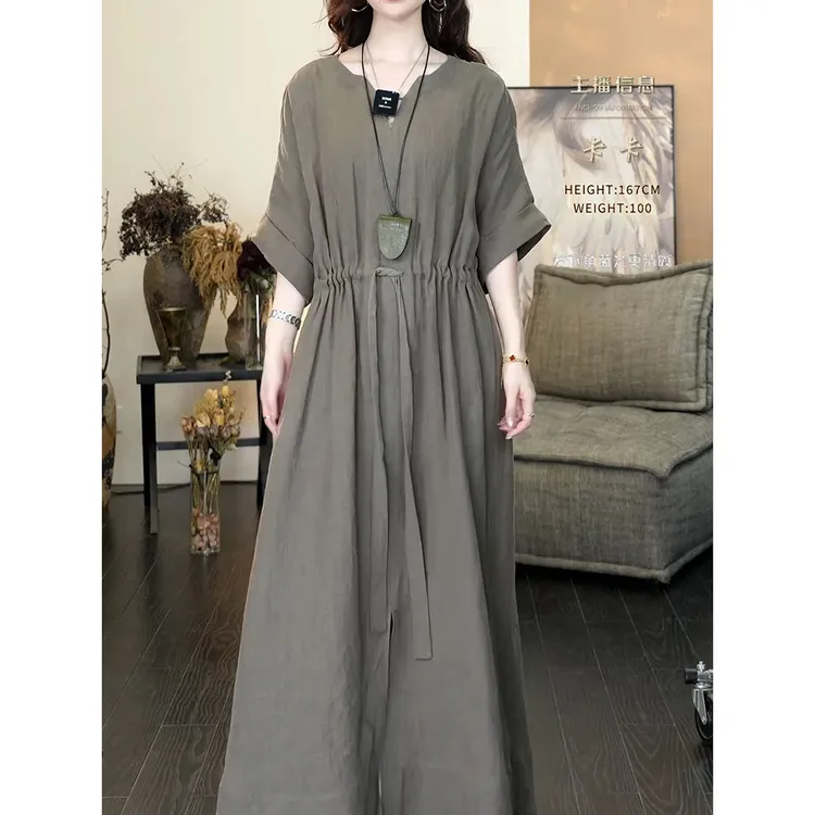 休闲通勤气质纯色文艺范连衣裙2025夏季新款设计显瘦收腰系带长裙