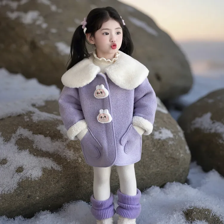 新款年服拉布布女宝宝冬季加绒加厚毛呢大衣洋气时髦女童可爱卡通