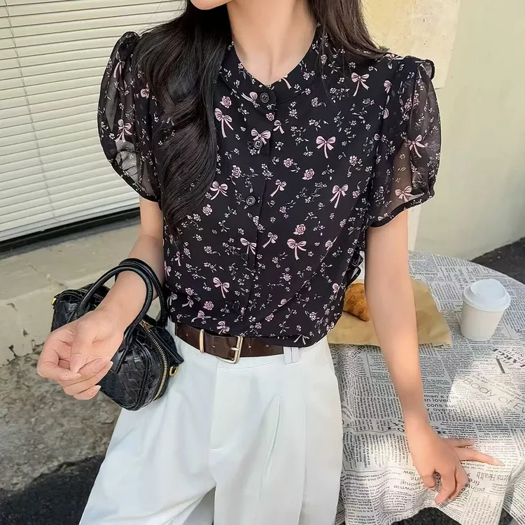 雪纺衬衫夏季法式碎花衬衣通勤气质优雅宽松百搭时尚小衫短袖7702