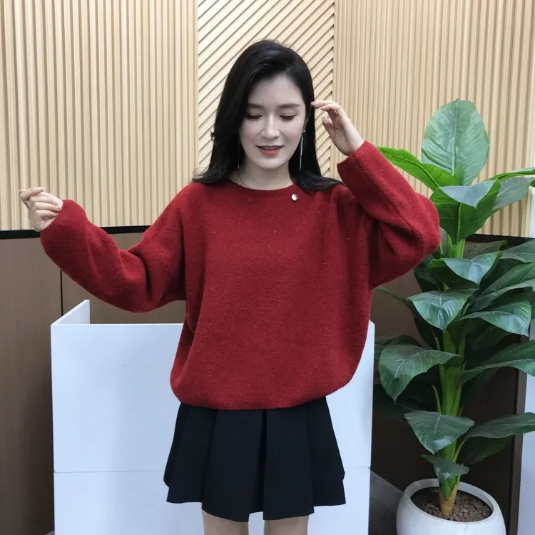 韩系设计感圆领纯色亮色针织衫女2025秋冬新款宽松显瘦软糯毛衣