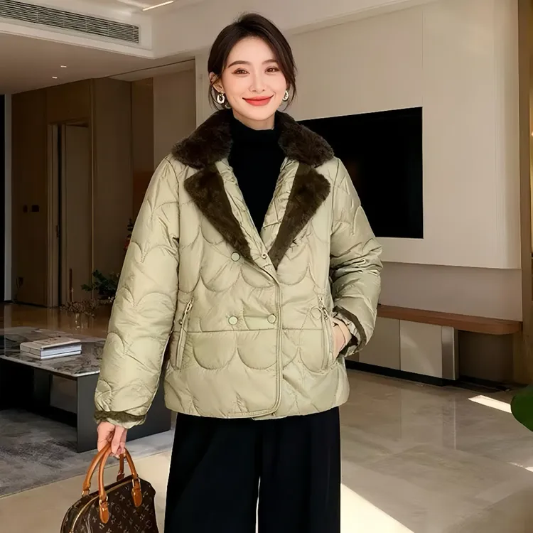 3027撞色毛领小个子短款休闲宽松绗棉棉衣冬季加厚外套棉服
