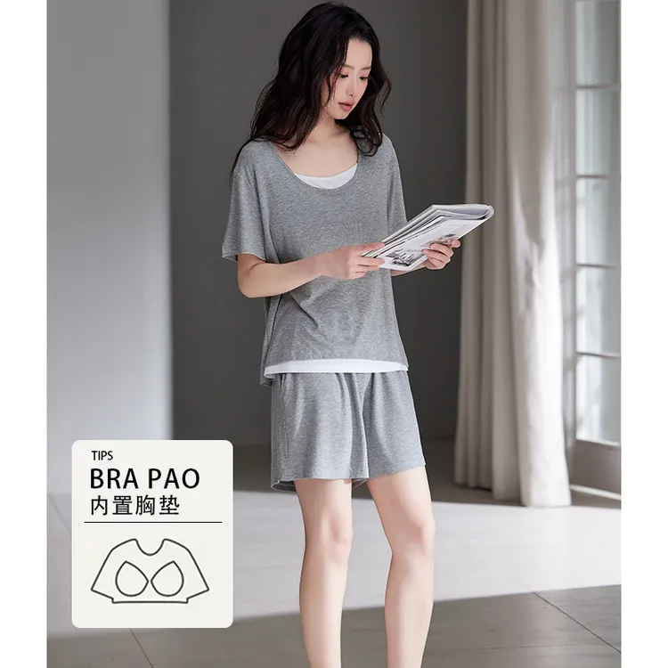  带胸垫睡衣女夏季莫代尔棉短袖假两件可外穿家居服套装2025新款