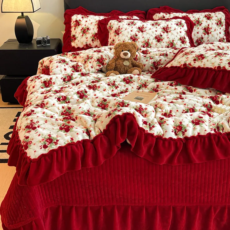 2025新款舒适花边牛奶绒床裙四件套夹棉加厚床盖床单毛绒珊瑚绒女