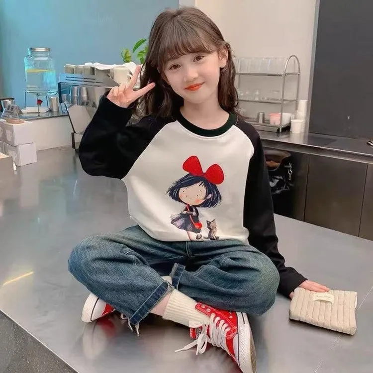 女童春装新款休闲长袖t恤儿童洋气女孩春秋季打底衫卡通拼色上衣