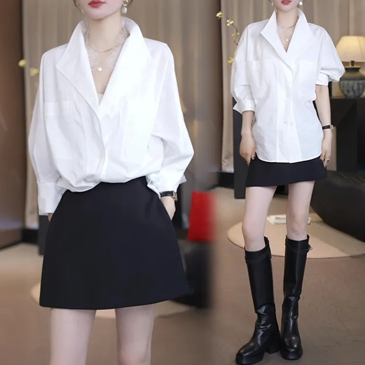 小众轻熟不撞款套装女2025春秋季白色翻领长袖衬衫高腰短裙两件套