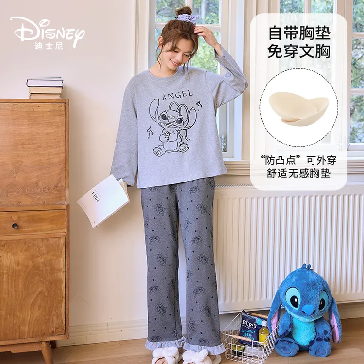 Disney/迪士尼秋冬长袖长裤带胸垫睡衣女韩版大码简约家居服0169