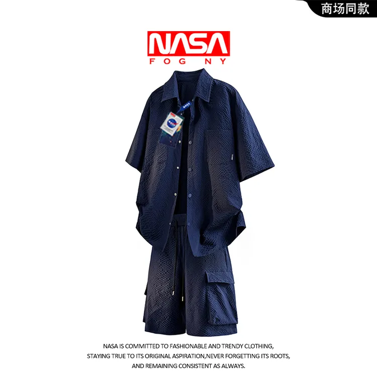 NASA夏季时尚翻领衬衫短袖上衣男士潮流高级简约纯色休闲短裤套装