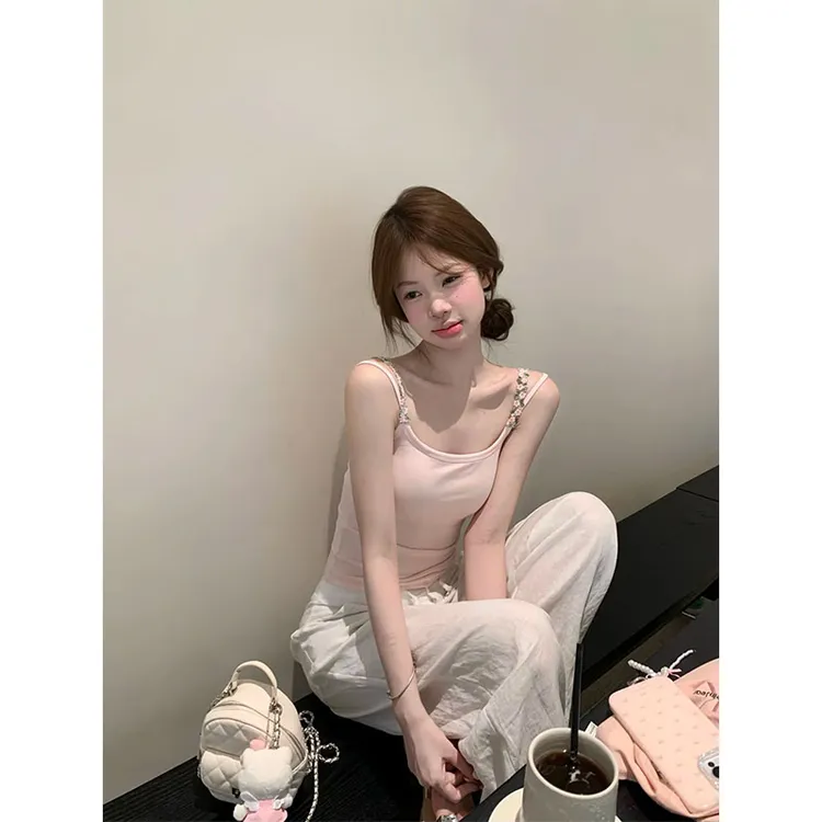 夏季少女风穿搭一整套小众百搭辣妹性感纯色吊带阔腿显瘦休闲裤女