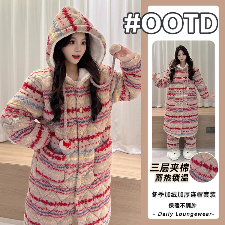 Nuodun/诺盾2025冬季新款睡袍爆款三层夹棉加绒加厚长毛绒家居服