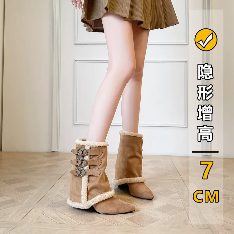 尖头高跟马丁靴女2025年秋冬辣妹内增高坡跟加绒保暖雪地靴