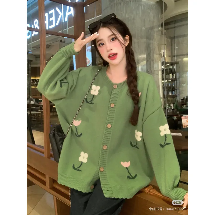 2025大码胖MM秋冬新款刺绣花朵别致宽松慵懒风毛衣外套女开衫