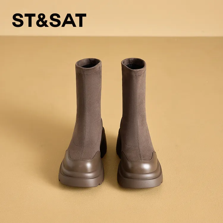 星期六厚底时装靴女2025冬季新款加绒加厚中筒短靴百搭圆头瘦瘦靴