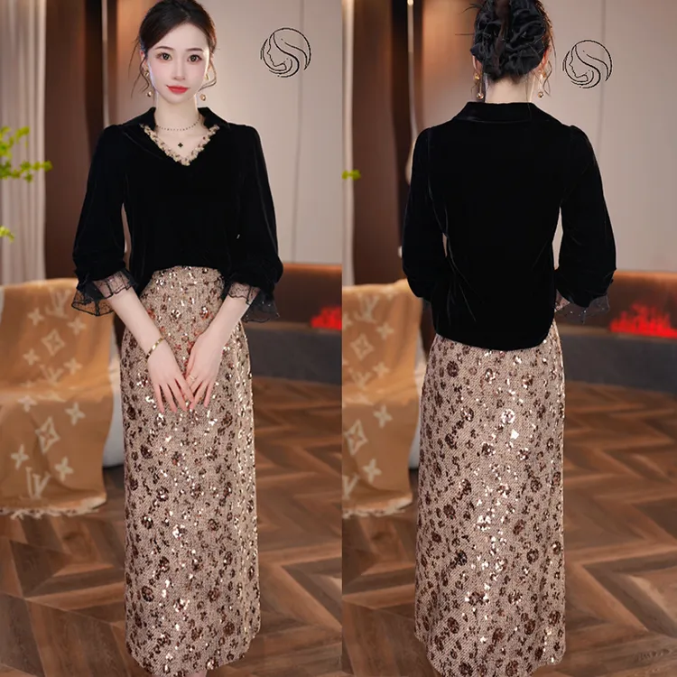 【2025年新款】真两件套女人味手工亮片裙子冬季日常轻奢大气连衣裙