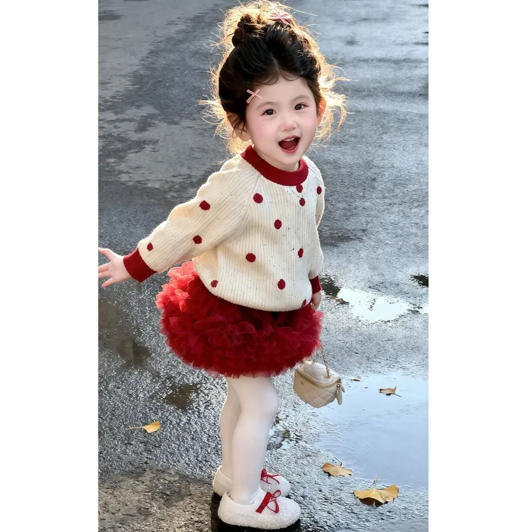 女童毛衣套装2025冬款儿童洋气新年圣诞衣服宝宝加绒红色公主纱裙