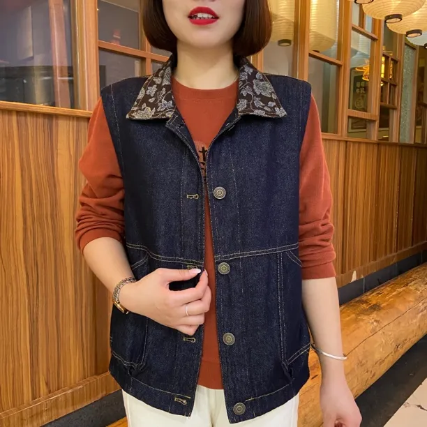 秋季洋气方领复古百搭外穿马夹大码牛仔马甲宽松休闲时尚显瘦马甲