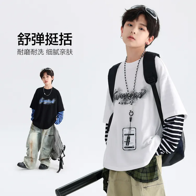 男童秋季韩范假两件条纹长袖t恤2025新款青少年儿童运动宽松上衣