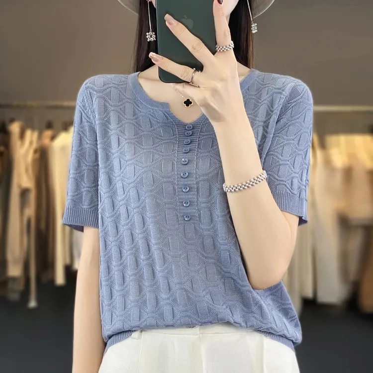 莱赛尔天丝~清凉舒适夏季V领针织短袖显瘦气质时尚百搭纯色套头