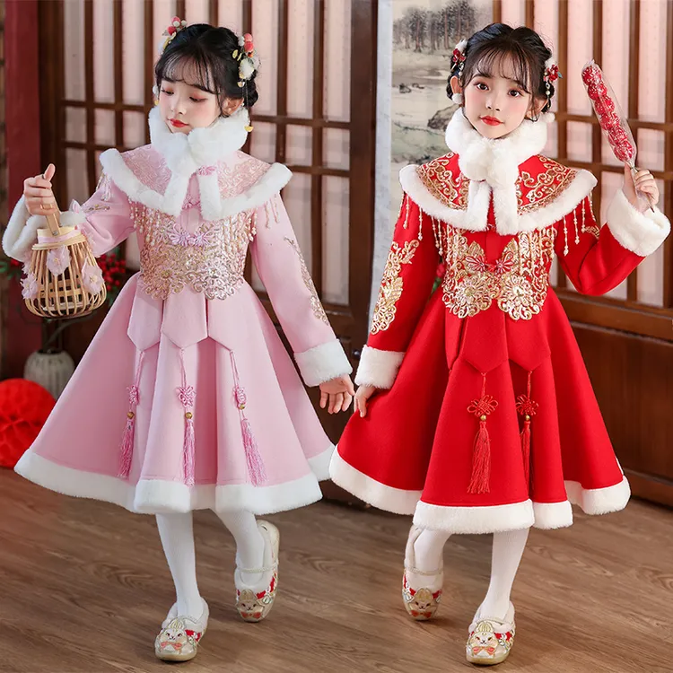 拜年服女童冬季唐装儿童冬装加绒加厚中国风古装小女孩毛呢连衣裙