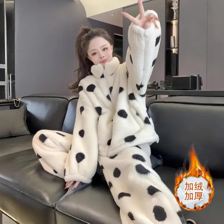 韩系加绒加厚休闲时尚套装女士冬季新款波点睡衣居家服保暖两件套