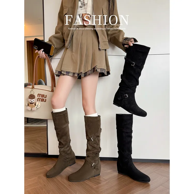 内增高长筒靴女秋冬大筒围堆堆靴胖mm高筒骑士靴粗腿长靴大码靴子