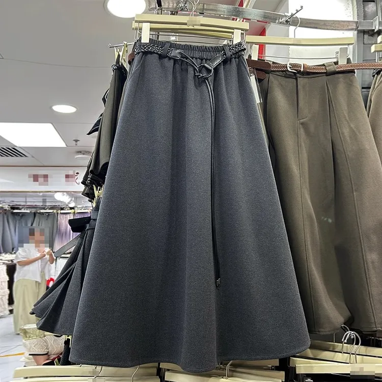 2025秋冬新款简约通勤灰色松紧腰半身裙女毛呢韩版百搭休闲中长裙