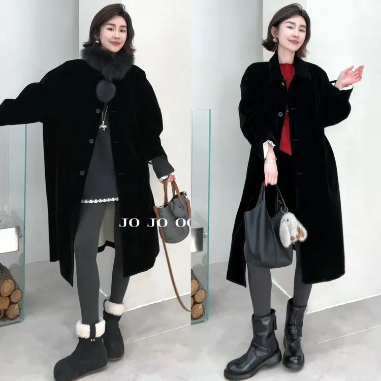 玖了个玖 2025冬款 极简百搭立体剪裁翻领丝绒H版大衣 2512C8907