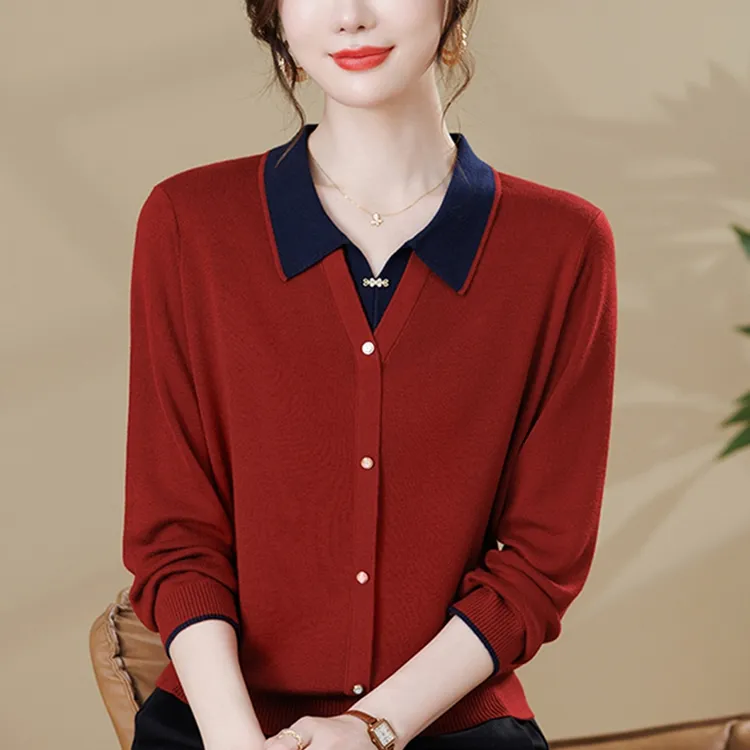 2025秋季款中年女士针织衫秋季复古毛针织衫宽松翻领女士翻领毛衣