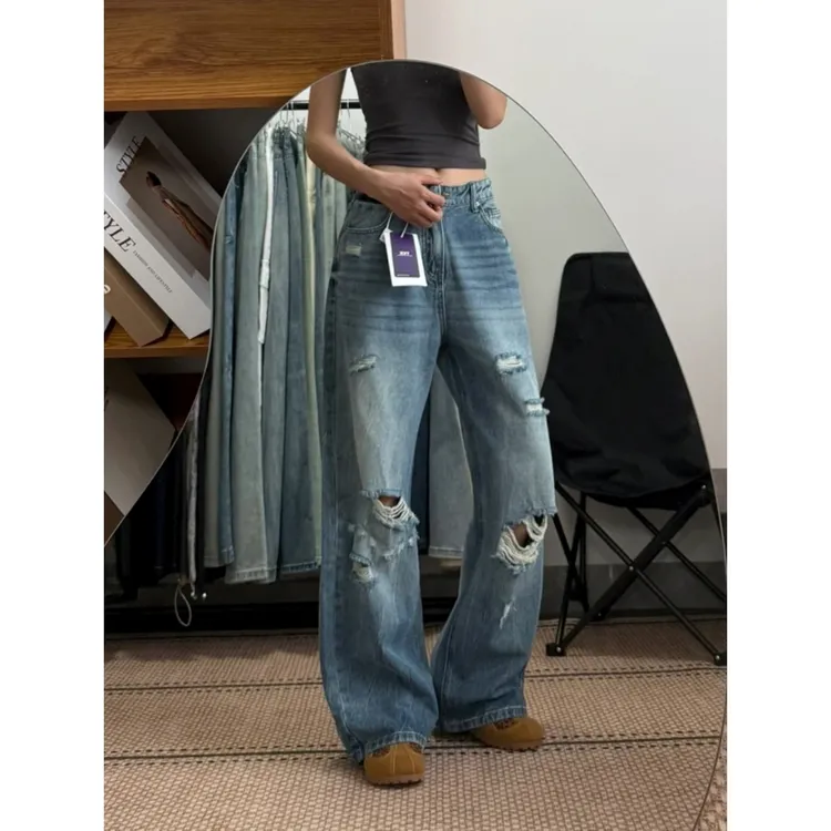 美式复古辣妹破洞牛仔裤女2025春夏新款高腰显瘦显高加长直筒裤子