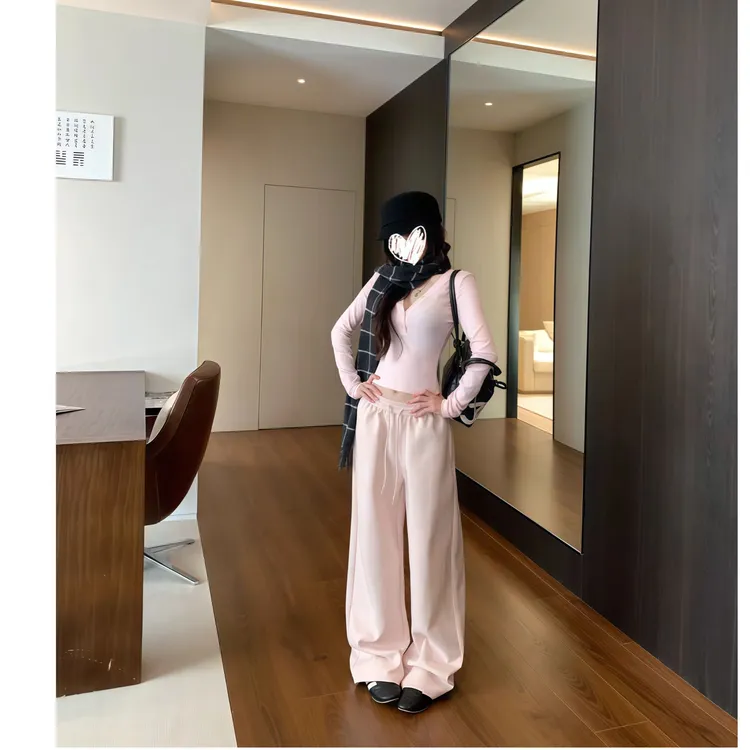 25早秋 深v领修身显瘦长袖T恤女上衣+抽绳阔腿卫裤套装ZXH2273