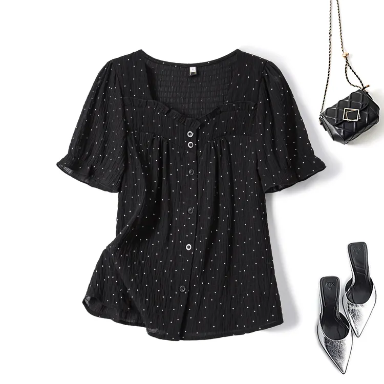 清大码法式气质不规则方领波点短袖衬衫2025夏胖mm遮肉上衣64295
