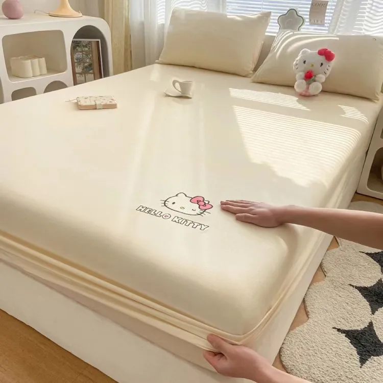 外贸转内销可爱卡通KT水洗真丝床笠三件套床包夏天纯色烫画防滑双