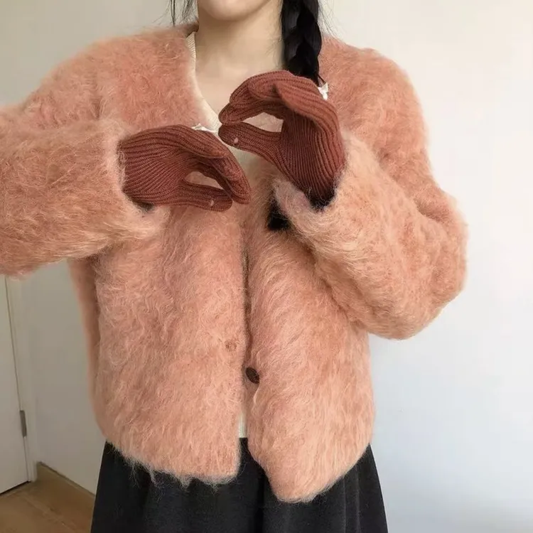 【落日橘】V领长毛卷卷毛拉毛针织开衫外套女东大门新款