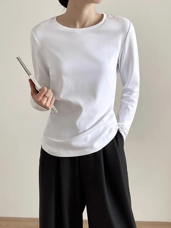 纯棉圆领长袖T恤女春秋外穿修身显瘦正肩打底衫上衣简约纯色时尚