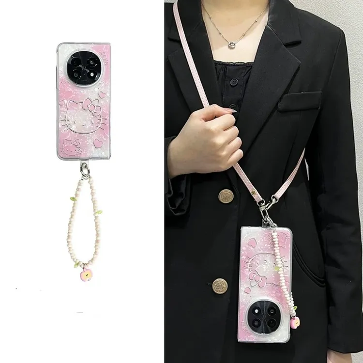 ins粉色kitty猫适用vivo xfold5折叠手机壳oppofindn5链条荣耀v5