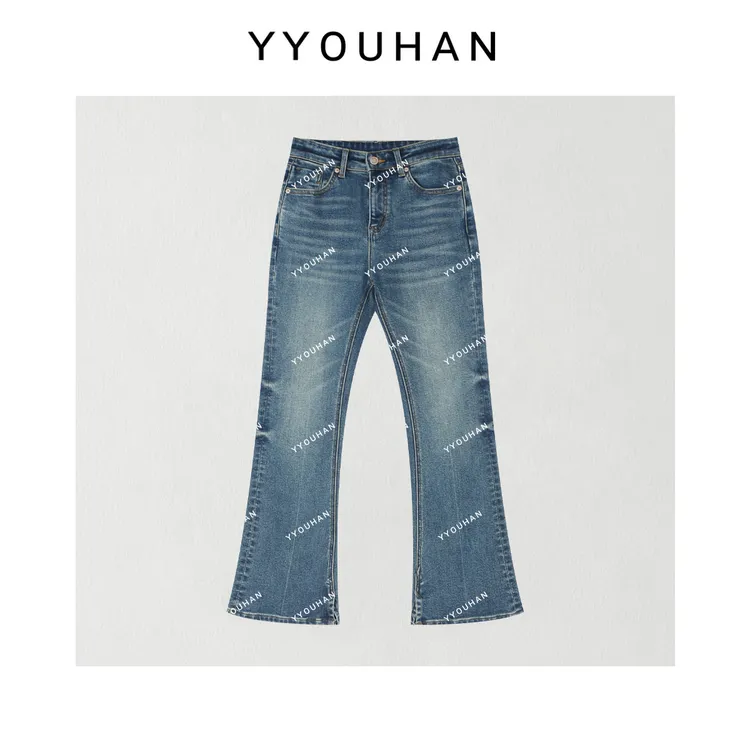 月月 2025冬季新款极简加绒加厚四面弹微喇高腰牛仔裤 2511C8090