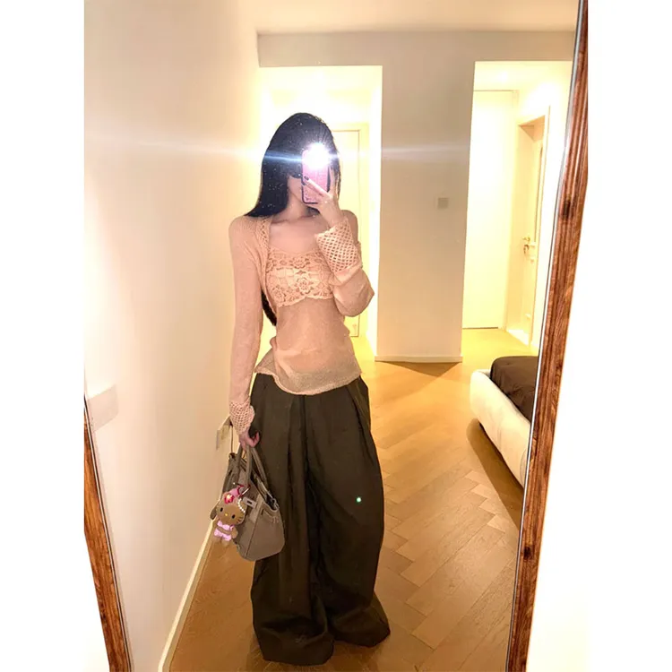 2025年夏季新款ins辣妹镂空长袖针织开衫内搭吊带背心配阔腿裤女