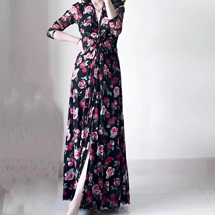 气质秋季长袖V领花朵高腰开叉设计感显瘦收腰大尺码长款连衣裙