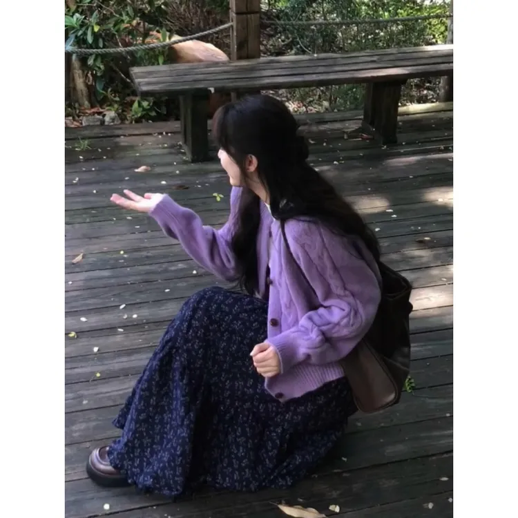 MARIE.COCO韩系慵懒风穿搭紫色麻花毛衣外套秋季碎花半身裙两件套