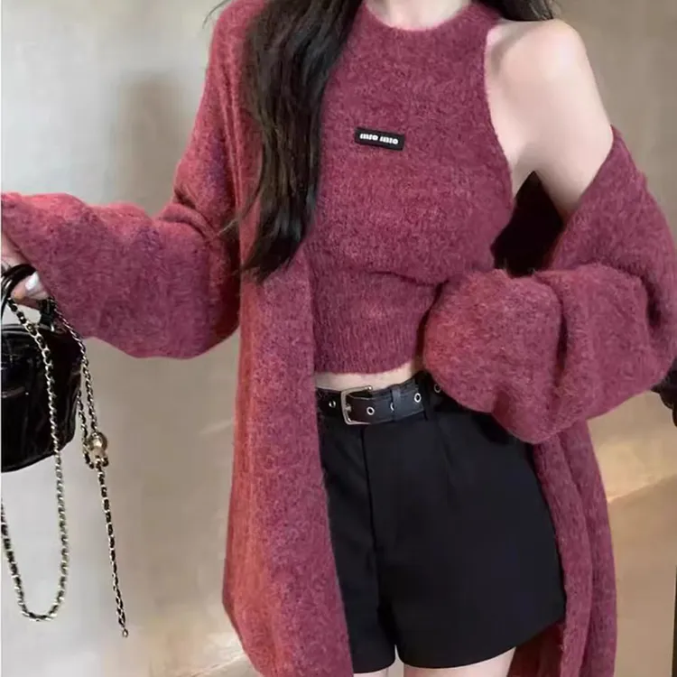 高级感慵懒辣妹中长毛衣外套+背心套装秋冬美拉德软糯上衣两件套