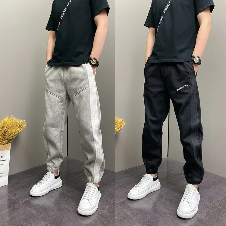 针织拼色加厚刺绣男士休闲裤冬季新款时尚个性卫裤潮流百搭运动裤