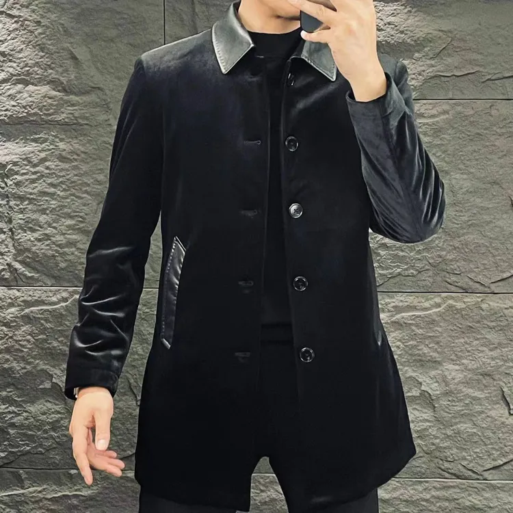 S 6300 绵羊皮轻奢高品欧货男士秋冬款修身金丝绒羽绒大衣