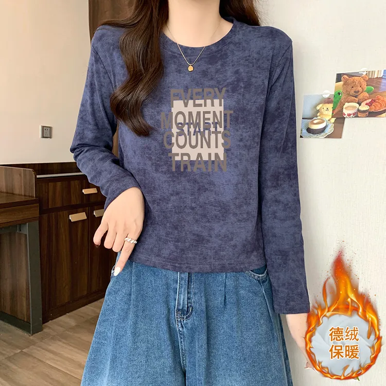美式复古扎染德绒圆领长袖t恤女洋气百搭保暖款上衣打底衫秋冬季