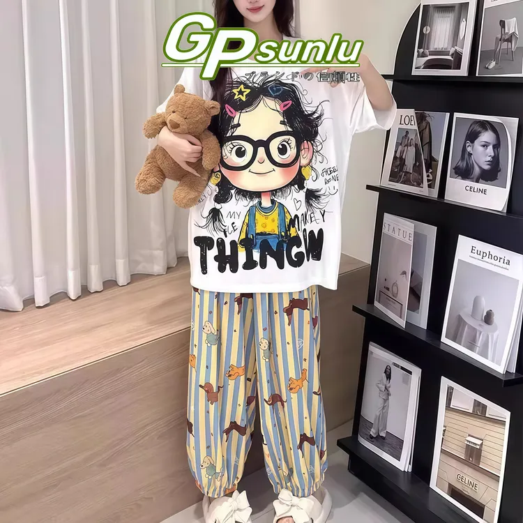 gpsunlu甜萌小众夏季纯棉睡衣女装长裤潮流短袖可外穿家居服套装