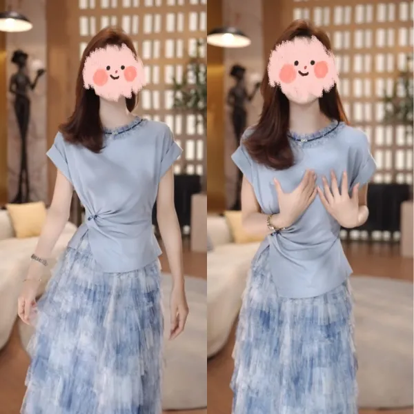 【流光梦镜】2025夏季新款高级感灰色扎染渐变色气质连衣裙套装