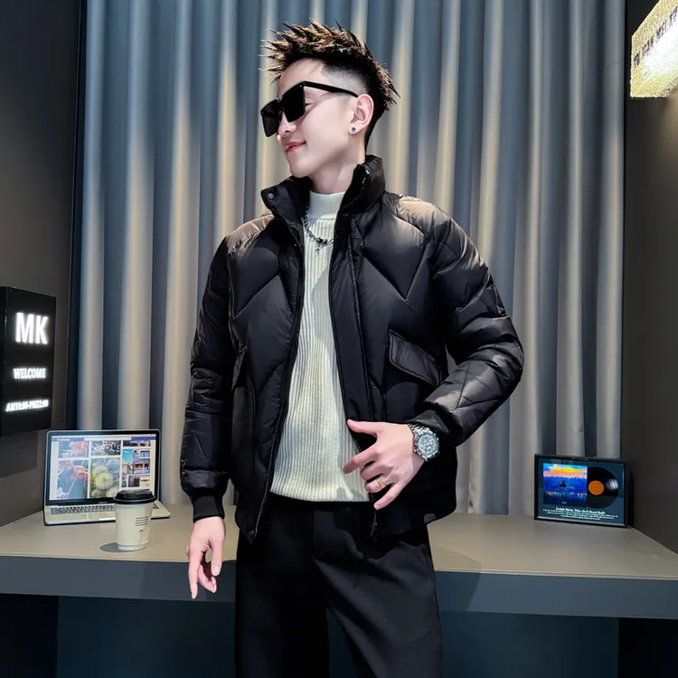 工装口袋棉袄上衣男冬季新款加厚保暖棉服立领菱形格男士棉衣外套