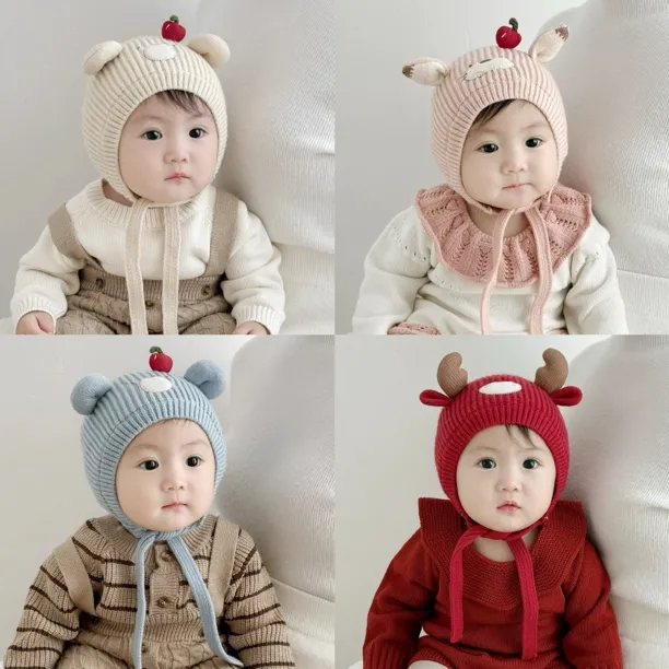 宝宝帽子冬天毛线帽婴幼儿加厚保暖可爱护耳帽针织帽小月龄帽防风