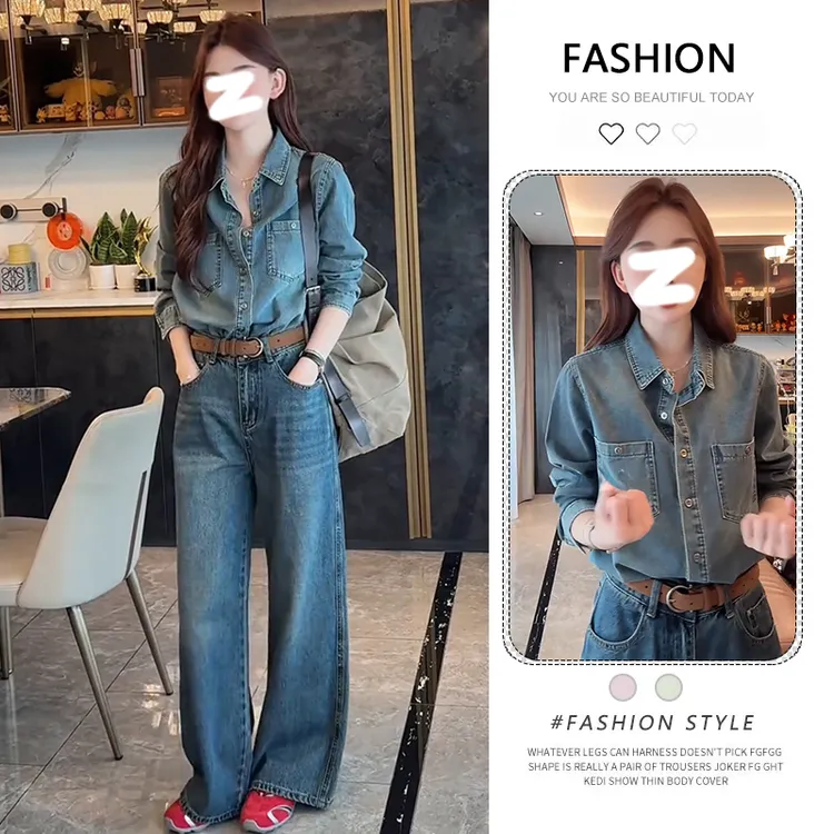 2025秋季新款复古做旧浅蓝色软牛仔衬衫女百搭小个子正肩叠穿衬衣