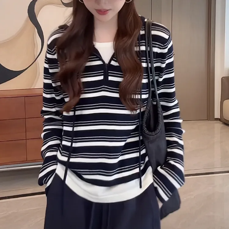 2025秋季新款女条纹连帽针织衫时尚减龄显瘦洋气内搭打底帽衫上衣